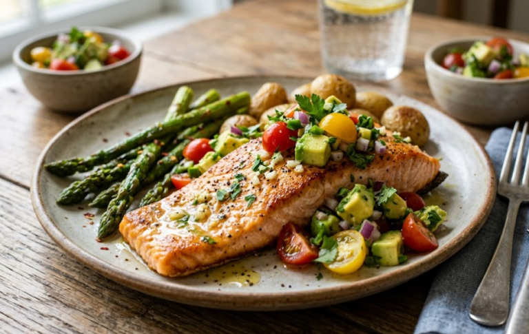 Lemon Garlic Wild Salmon with Avocado Herb Salsa
