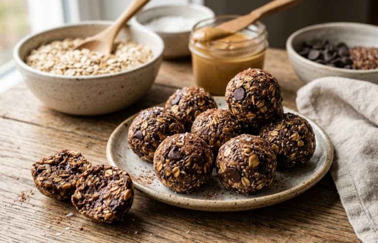 Dark Chocolate Oat Energy Bites with Flaxseed and Peanut Butter