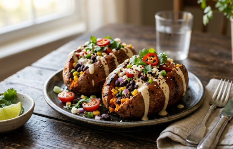 Stuffed Sweet Potatoes with Black Beans and Tahini Drizzle